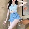 Sexy and stylish drawstring high-waisted denim shorts for women, a new slimming and hot girl with straps, wide-leg ultra-short shorts Specification image